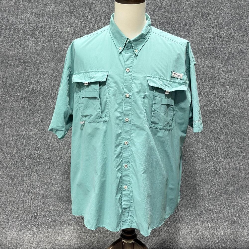 Columbia PFG Shirt Mens 2XL Green Omni-Shade Vented Fishing Short Sleeve